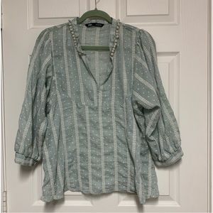 Zara Sea Green Embroidered Blouse with Pom Pom Collar Long Sleeve Size S